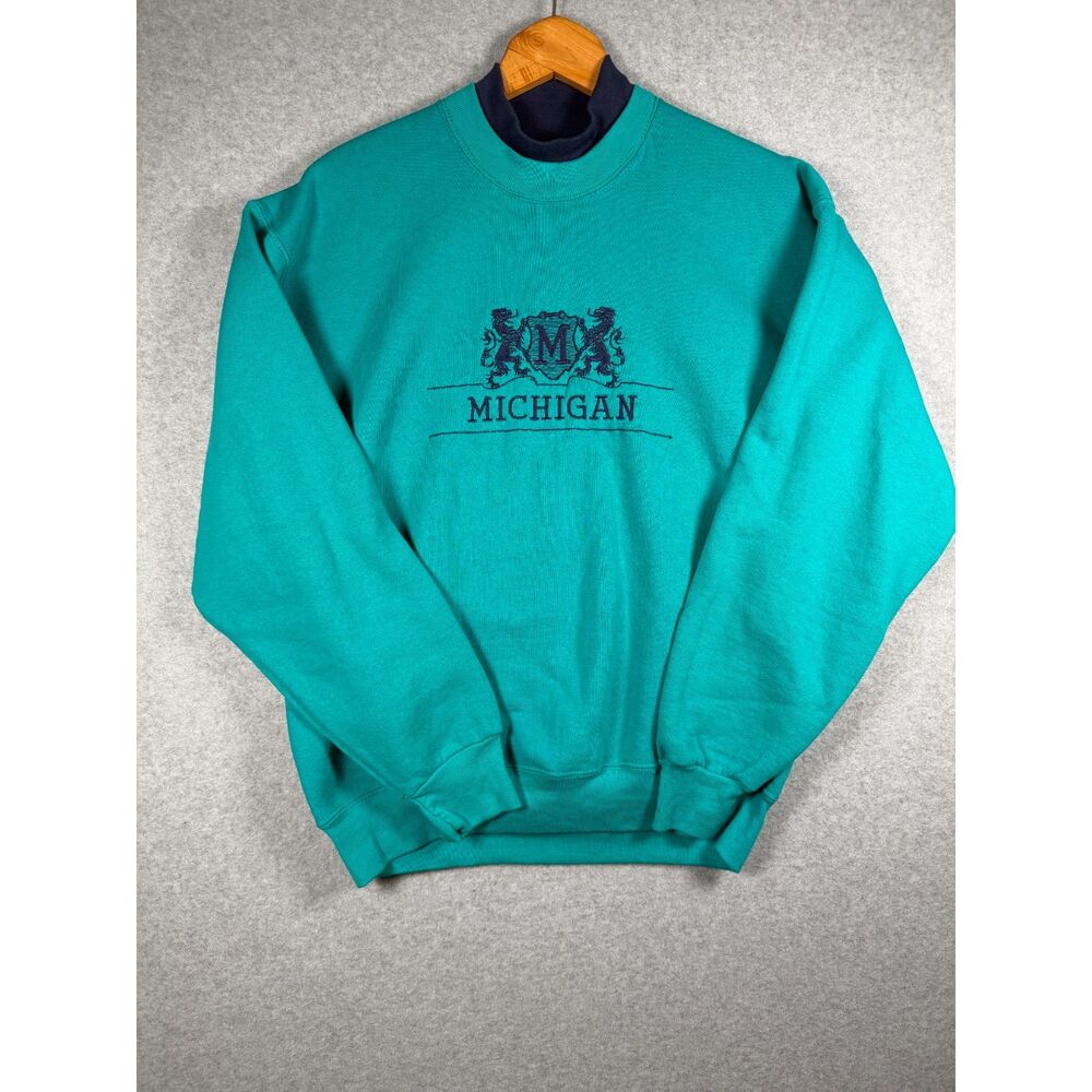 Vintage Fruit of the Loom Heavy L Teal Michigan Embroidered Sweatshirt 3915